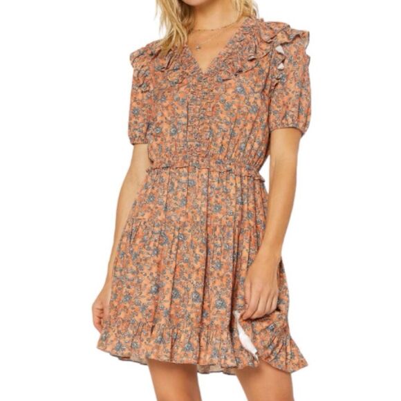 Current Air Los Angeles Floral Pleated Ruffled V Neck Cottagecore Mini Dress - Picture 2 of 16